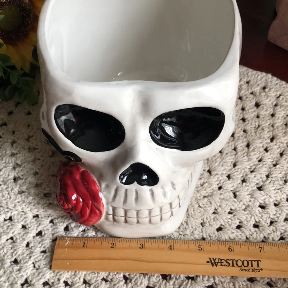 Gothic Ceramic Skull with Red Rose Accent - Halloween Decor